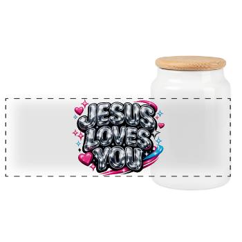 Jesus Loves You Streetwear - Panoramic Cookie Jar with Wooden Lid - white - Front