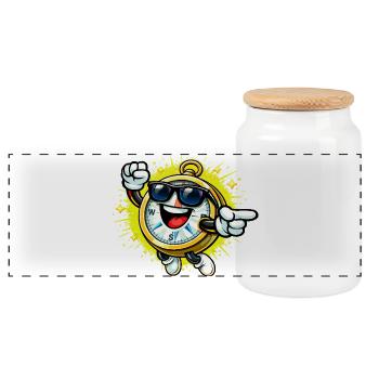 Verspielte Stoppuhr mit Sonnenbrille - Panorama Keksdose mit Holzdeckel - Weiß - Vorne