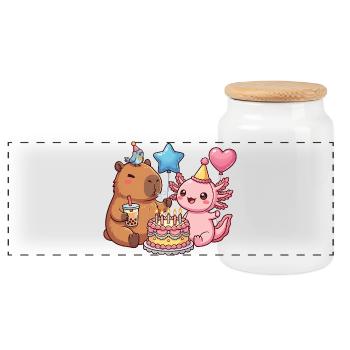 Capybara Axolotl Bird Birthday Party - Panoramic Cookie Jar with Wooden Lid - white - Front