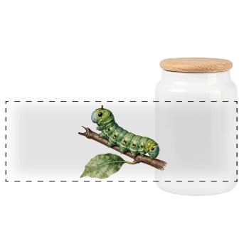 Papilio Caterpillar Swallowtail on Branch - Panoramic Cookie Jar with Wooden Lid - white - Front
