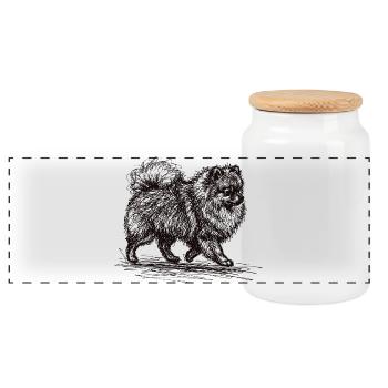 Zwergspitz Sketch – Minimalistisches Hund Design - Panorama Keksdose mit Holzdeckel - Weiß - Vorne