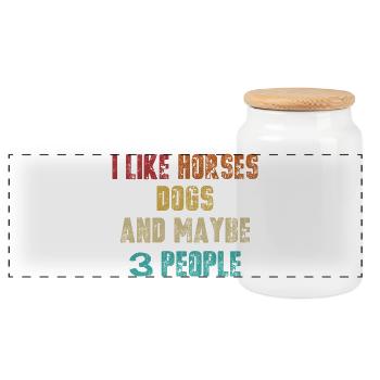 I like horses dogs 3 people - Panoramic Cookie Jar with Wooden Lid - white - Front