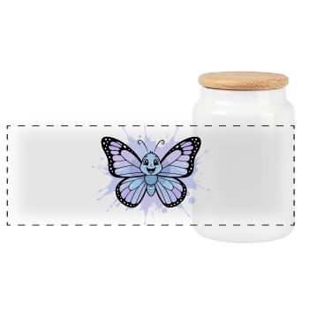 Blue Butterfly Splash Art - Panoramic Cookie Jar with Wooden Lid - white - Front