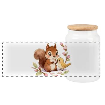 Écureuil et Oiseau parmi les Fleurs – 🐿🐦 Aquarelle - Boîte à biscuits avec couvercle en bois - blanc - Devant