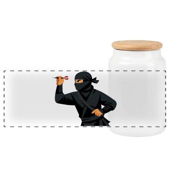 Ninja with dart in black - Panoramic Cookie Jar with Wooden Lid - white - Front