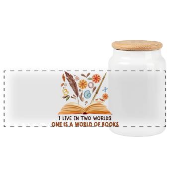 I Live In Two Worlds One Is A World Of Books - Panoramic Cookie Jar with Wooden Lid - white - Front