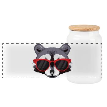 Waschbär mit Cooler roter Sonnenbrille rockt - Panorama Keksdose mit Holzdeckel - Weiß - Vorne