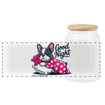 Good Night Emma French Bulldog Sleeping - Panoramic Cookie Jar with Wooden Lid - white - Front