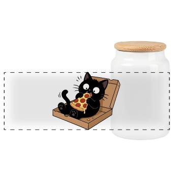 Schwarze Katze genießt Pizza - Panorama Keksdose mit Holzdeckel - Weiß - Vorne