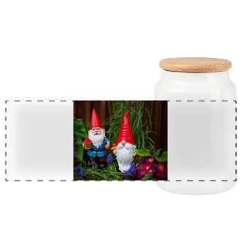 Garden Gnome with Red Hats - Panoramic Cookie Jar with Wooden Lid - white - Front