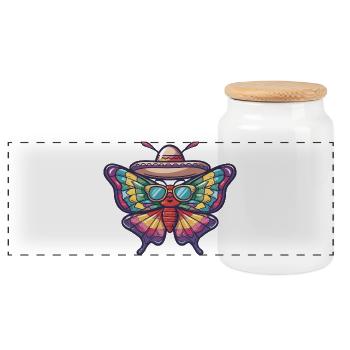 Butterfly Funny Sombrero - Panoramic Cookie Jar with Wooden Lid - white - Front