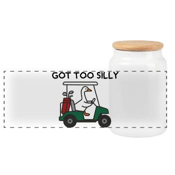 Gans im Golfwagen – Humorvolles Sportdesign - Panorama Keksdose mit Holzdeckel - Weiß - Vorne
