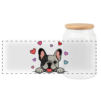 Französische_Bulldogge_Pfoten_mit_Herz_schwatzweiß - Panorama Keksdose mit Holzdeckel - Weiß - Vorne