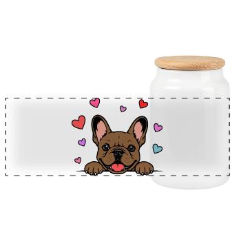 Französische_Bulldogge_Pfoten_mit_Herz_braun - Panorama Keksdose mit Holzdeckel - Weiß - Vorne
