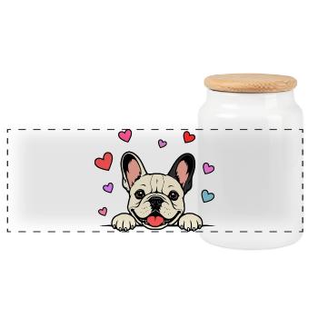 Französische_Bulldogge_Pfoten_mit_Herz_beige - Panorama Keksdose mit Holzdeckel - Weiß - Vorne