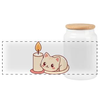 Cute Cat and Bright Candle - Panoramic Cookie Jar with Wooden Lid - white - Front