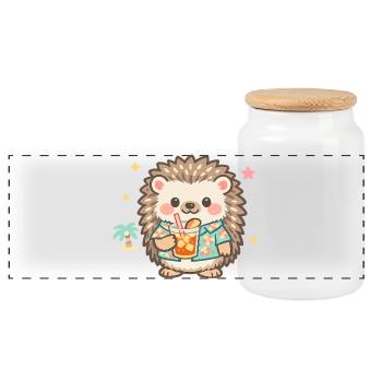 Hawaiian hedgehog with drink - Panoramic Cookie Jar with Wooden Lid - white - Front