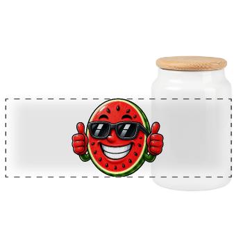 Watermelon with sunglasses and thumbs up - Panoramic Cookie Jar with Wooden Lid - white - Front