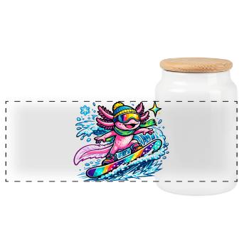 Axolotl Surfer Regenbogenwelle - Panorama Keksdose mit Holzdeckel - Weiß - Vorne