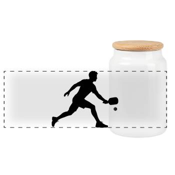 Motif de scène de pickleball autour d’un joueur de pickleball - Boîte à biscuits avec couvercle en bois - blanc - Devant