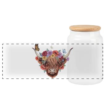 Vache des Highlands à couronne de fleurs - Boîte à biscuits avec couvercle en bois - blanc - Devant