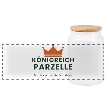 Königreich Parzelle – Kleingarten Spruch - Panorama Keksdose mit Holzdeckel - Weiß - Vorne