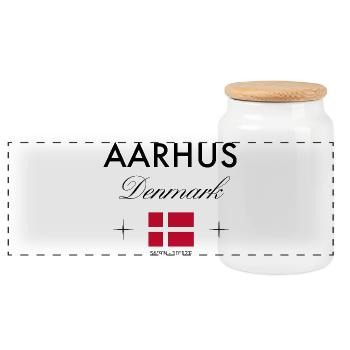 Aarhus Denmark Coordinates Travel Souvenir - Panoramic Cookie Jar with Wooden Lid - white - Front