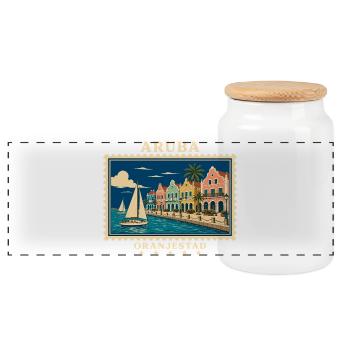 Aruba Oranjestad Vintage Reisemarke - Panorama Keksdose mit Holzdeckel - Weiß - Vorne