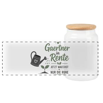 Gärtner in Rente – Gießkanne & Spruch – Geschenk - Panorama Keksdose mit Holzdeckel - Weiß - Vorne