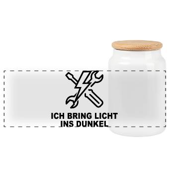 Ich bring Licht ins Dunkel – Elektriker Shirt - Panorama Keksdose mit Holzdeckel - Weiß - Vorne