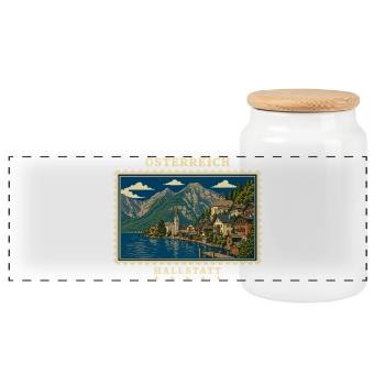 Österreich Hallstatt Vintage Reisemarke - Panorama Keksdose mit Holzdeckel - Weiß - Vorne