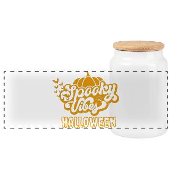 Spooky Vibes Halloween Kürbis Fledermaus Design - Panorama Keksdose mit Holzdeckel - Weiß - Vorne