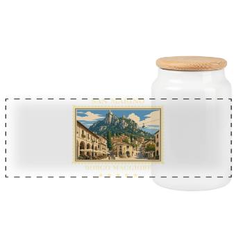 San Marino Borgo Maggiore Vintage Reisemarke - Panorama Keksdose mit Holzdeckel - Weiß - Vorne