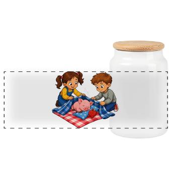Pig nap with children cuddle motif - Panoramic Cookie Jar with Wooden Lid - white - Front