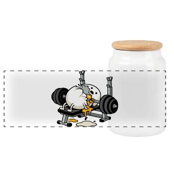 Egg Bodybuilder | Humor-Bodybuilding - Panorama Keksdose mit Holzdeckel - Weiß - Vorne