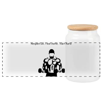 Stylized Bodybuilder Silhouette - Panoramic Cookie Jar with Wooden Lid - white - Front