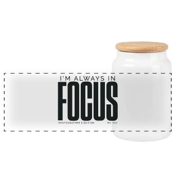 I'm Always In Focus | Photographer's Edition - Panoramic Cookie Jar with Wooden Lid - white - Front