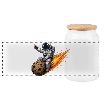 Astronaut hits meteor rocket - Panoramic Cookie Jar with Wooden Lid - white - Front