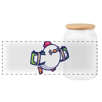 Cash Chick Mascot with Dollar Eyes - Panoramic Cookie Jar with Wooden Lid - white - Front
