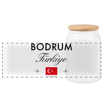 Bodrum Turkey Coordinates Travel Souvenir - Panoramic Cookie Jar with Wooden Lid - white - Front