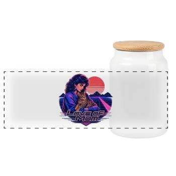 80s Retro Synthwave Bengal Cat - Panoramic Cookie Jar with Wooden Lid - white - Front