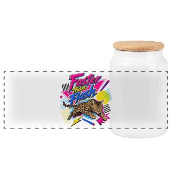 Retro 90s Bengal Cat Sprint - Panoramic Cookie Jar with Wooden Lid - white - Front