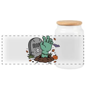 Zombie-Hand taucht aus dem Grab zu Halloween auf - Panorama Keksdose mit Holzdeckel - Weiß - Vorne