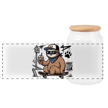 Cooles Faultier auf Skateboard – Street Art - Panorama Keksdose mit Holzdeckel - Weiß - Vorne
