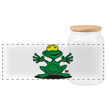 Playful Frog Cartoon Design - Panoramic Cookie Jar with Wooden Lid - white - Front