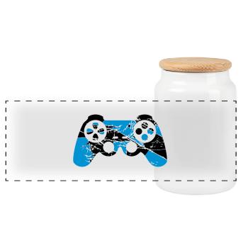 cracks old scratches cool blue design controllers - Panoramic Cookie Jar with Wooden Lid - white - Front