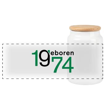 Jahrgang 1974 geboren - Panorama Keksdose mit Holzdeckel - Weiß - Vorne