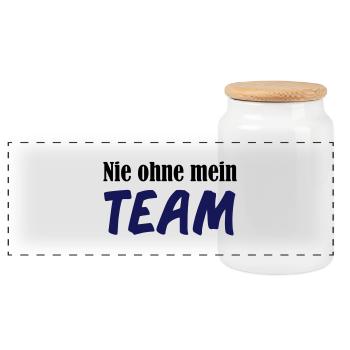 nie_ohne_mein_team_02 - Panorama Keksdose mit Holzdeckel - Weiß - Vorne