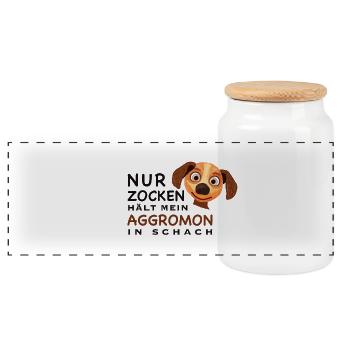 Lustiger Spruch, Zocken hält Aggromon in Schach - Panorama Keksdose mit Holzdeckel - Weiß - Vorne