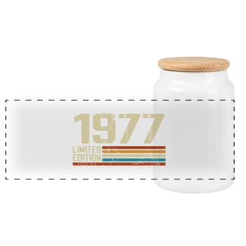 Jahrgang 1977 Retro Geburtstag - Jahrgang 1977 - Panorama Keksdose mit Holzdeckel - Weiß - Vorne